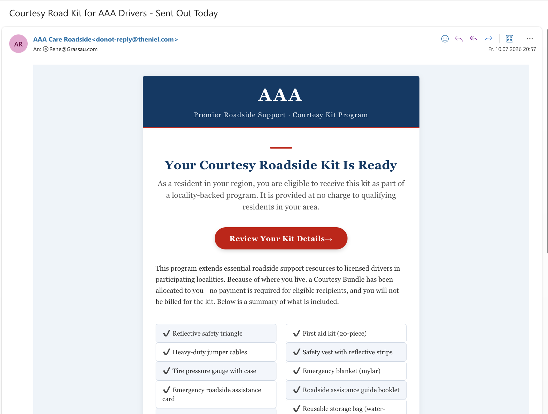 Professionell gestaltete Phishing-E-Mail, die ein kostenloses Pannenhilfe-Set eines Automobilclubs verspricht