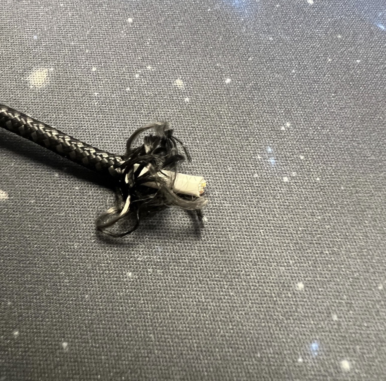 Ladekabel mit aufgerissener Ummantelung und freiliegender Innenisolierung